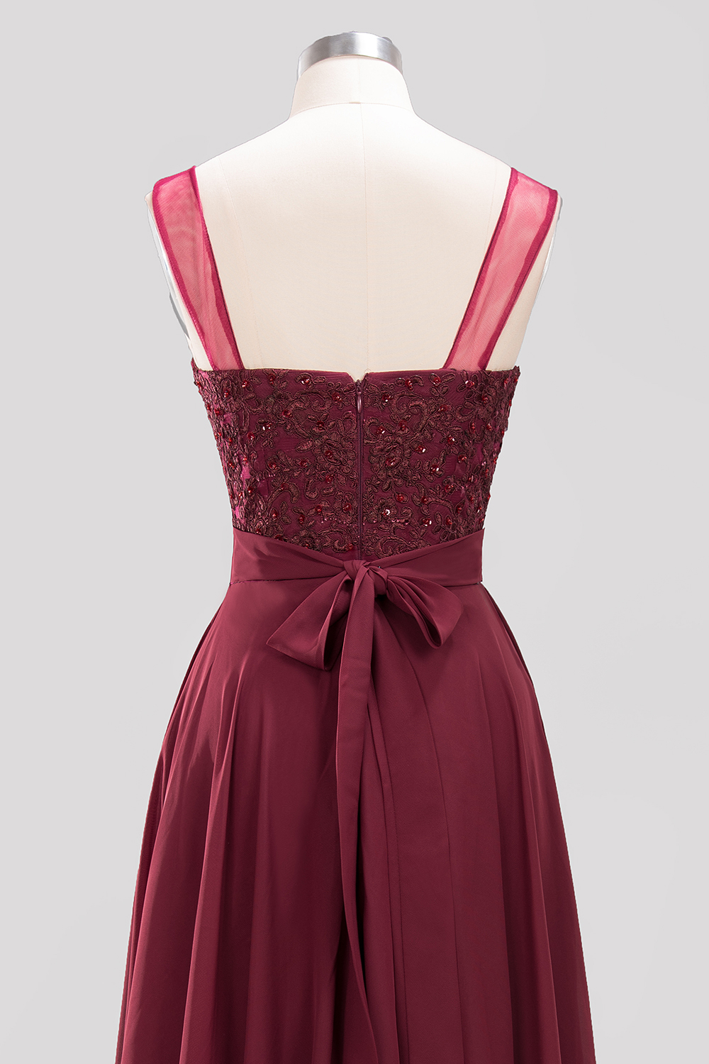 A-Line Light Chiffon Tulle Lace Beadings Jewel Sleeveless Sweep Train Bridesmaid Dress UK with Sash-27Dress.co.uk
