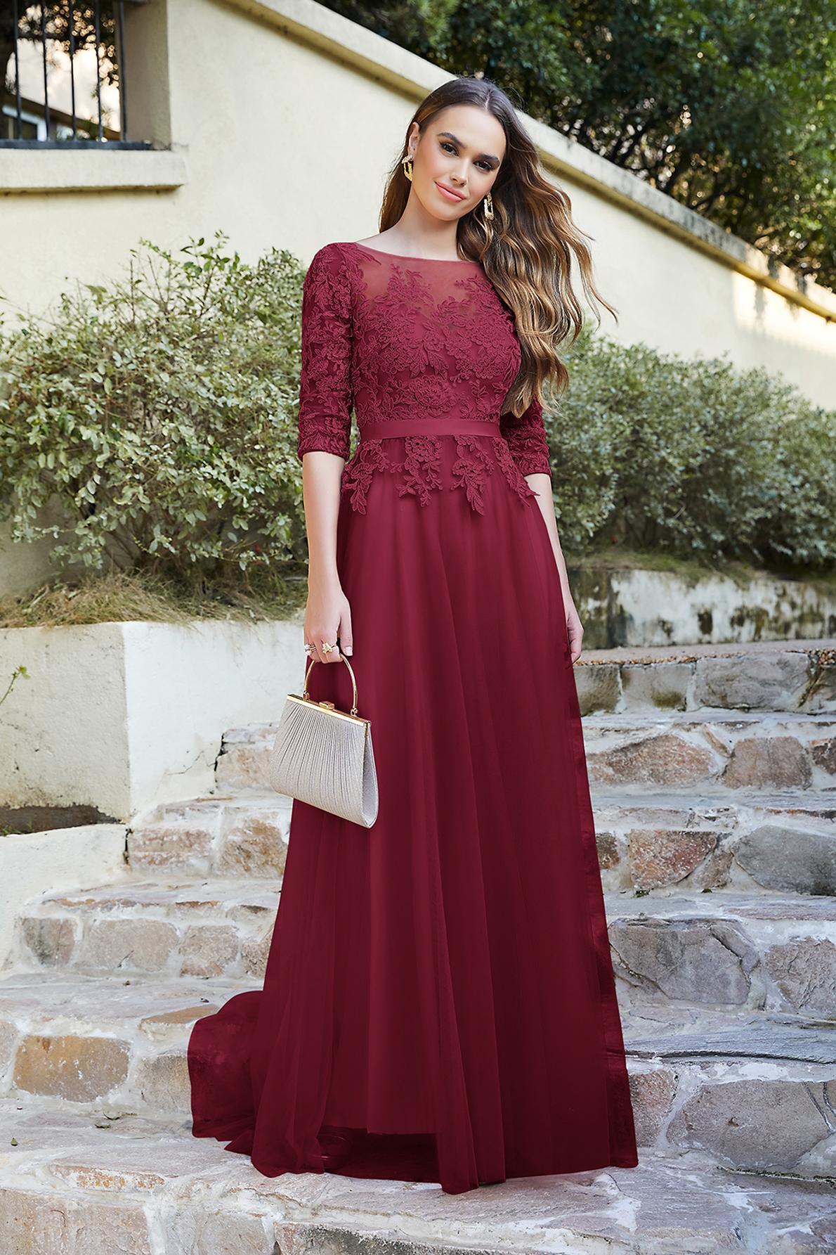 NANA | A-line Half Sleeves Floor Length Slit Appliqued Tulle Prom Dresses with Sash-27Dress.co.uk