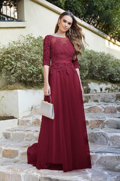 NANA | A-line Half Sleeves Floor Length Slit Appliqued Tulle Prom Dresses with Sash-27Dress.co.uk