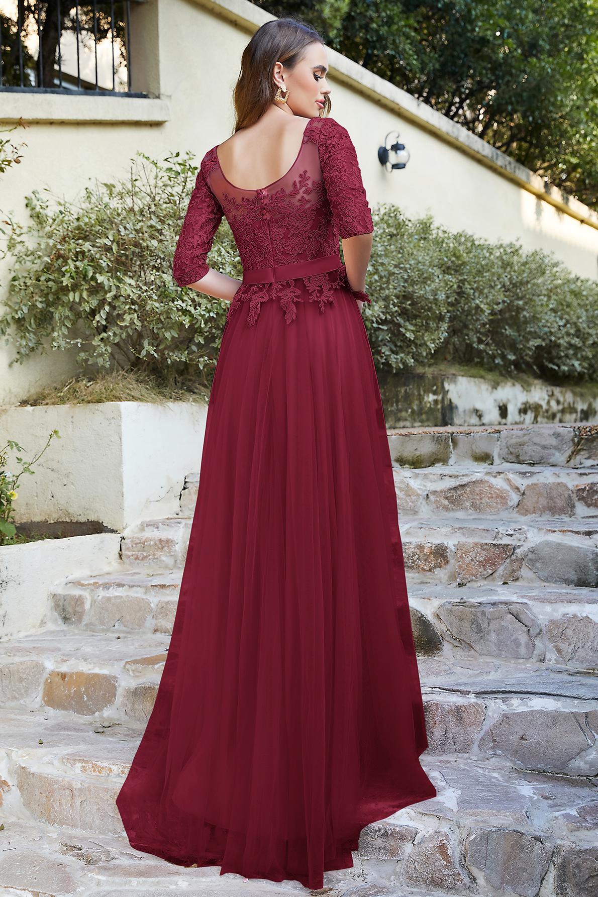 NANA | A-line Half Sleeves Floor Length Slit Appliqued Tulle Prom Dresses with Sash-27Dress.co.uk