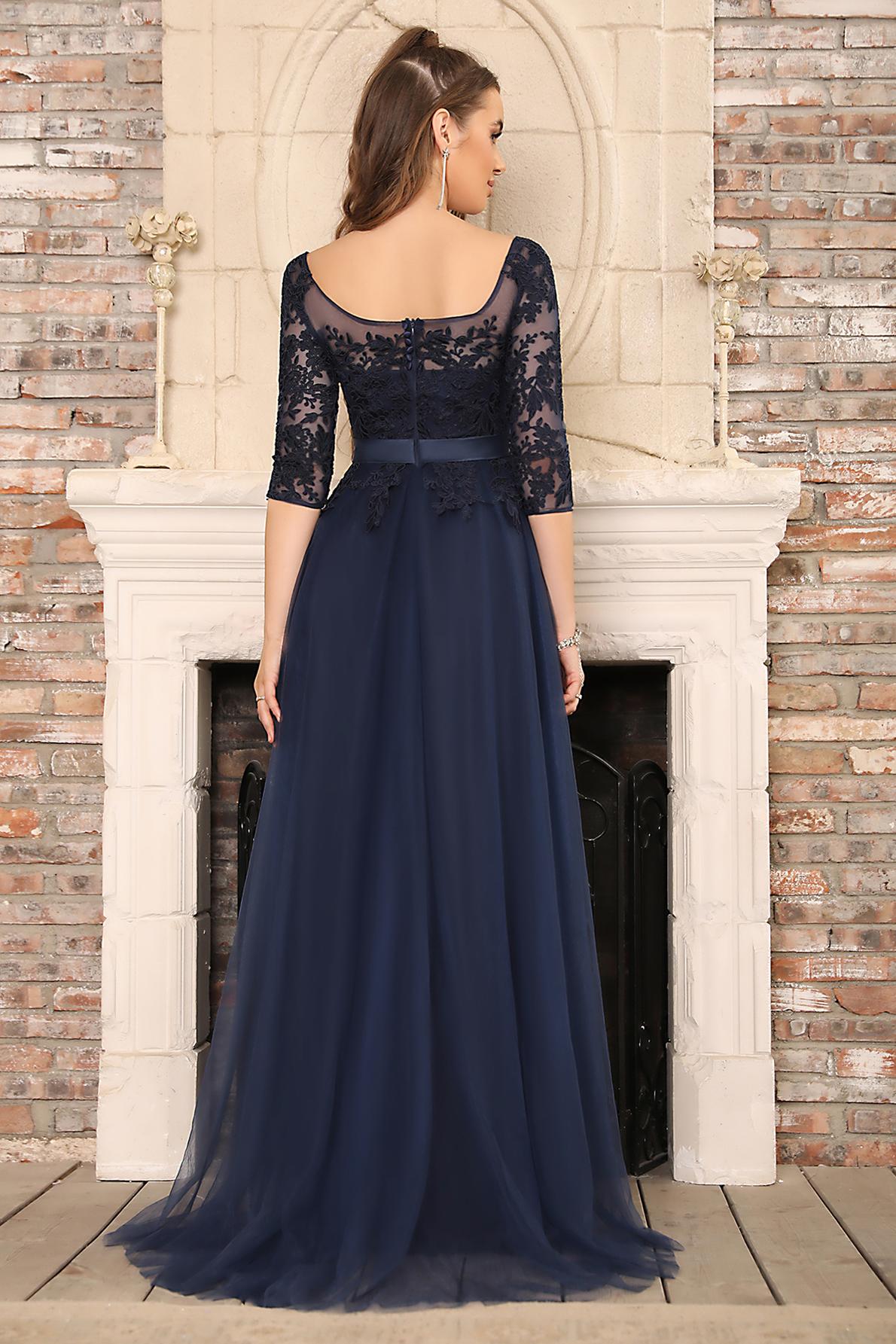NANA | A-line Half Sleeves Floor Length Slit Appliqued Tulle Prom Dresses with Sash-27Dress.co.uk