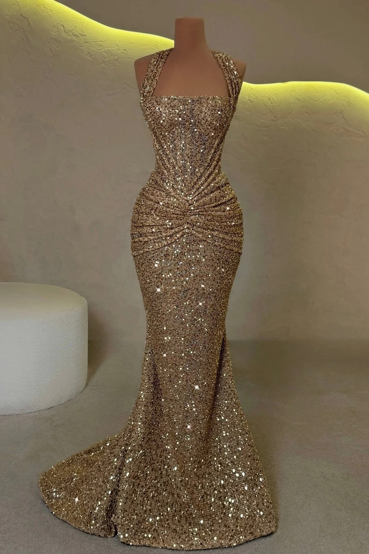 Red Halter Sequined Ruched Floor-Length Mermaid Prom Dress