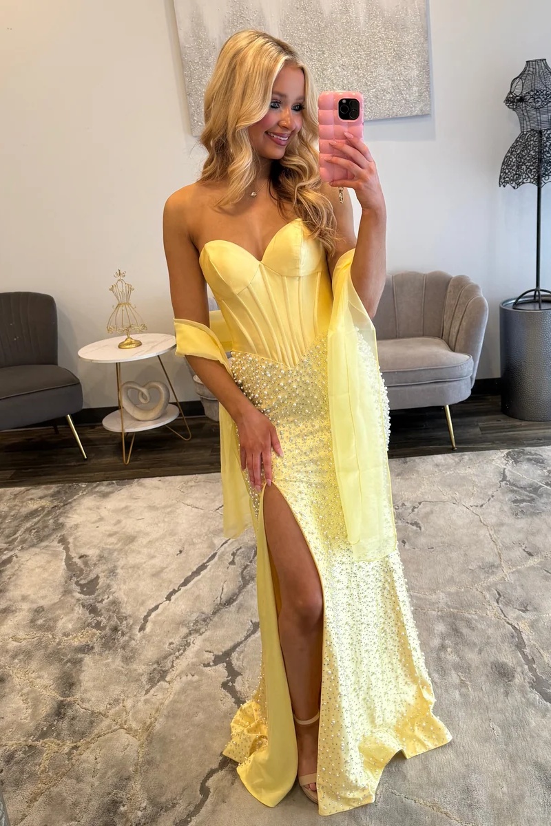 Yellow Sweetheart Satin Beaded Mermaid Prom Dress with High Split
