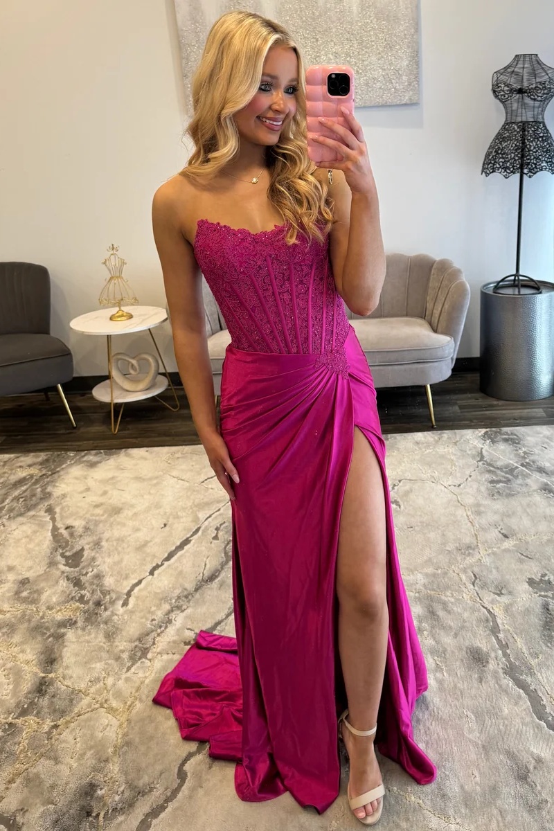 Fuchsia Sweetheart Satin Lace Appliques Mermaid Prom Dress with High Split