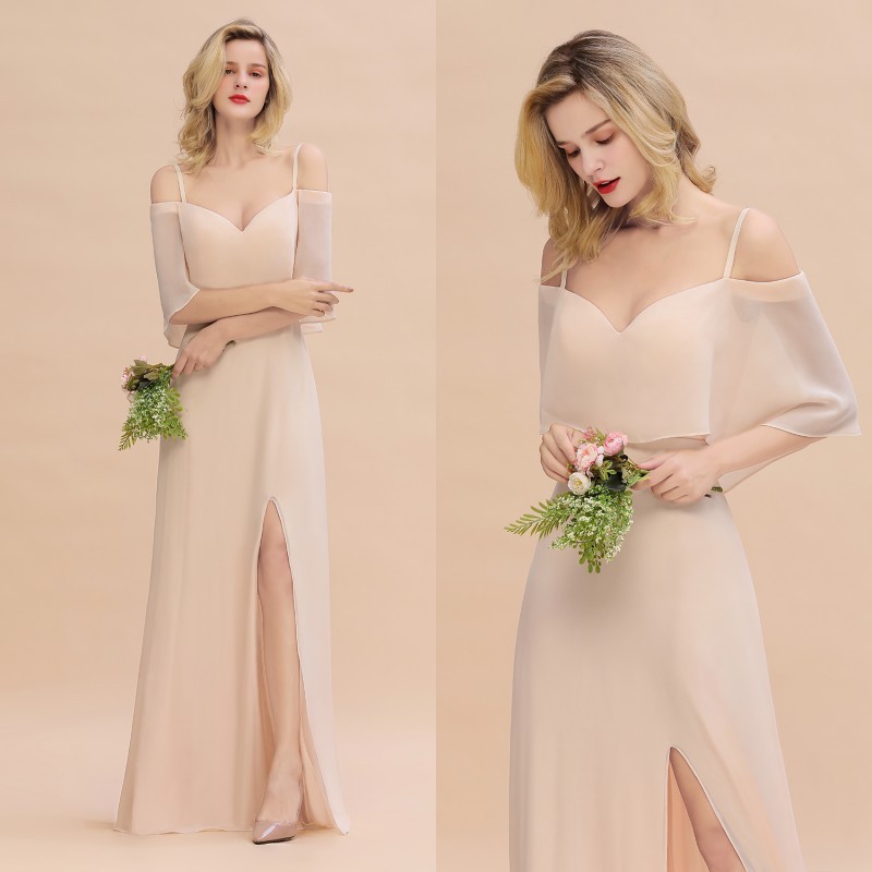 Elegant Champagne Off the Shoulder Chiffon Bridesmaid Dress Side Slit Wedding Guest Dress