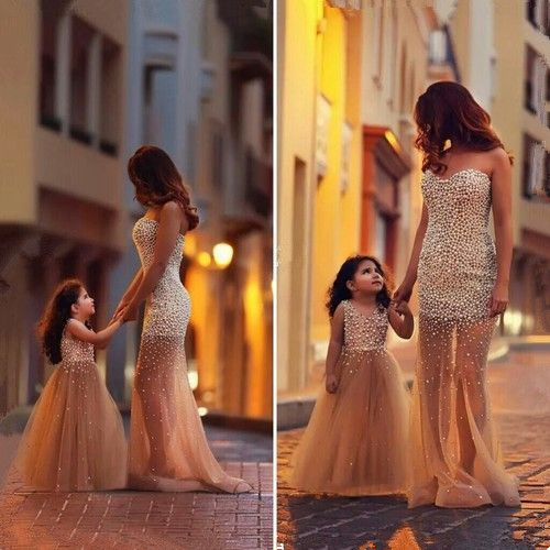 Beautiful Beadings Sheer Skirt Prom Dress Sweetheart Sleeveless Mother and Daughter Dress-27Dress.co.uk