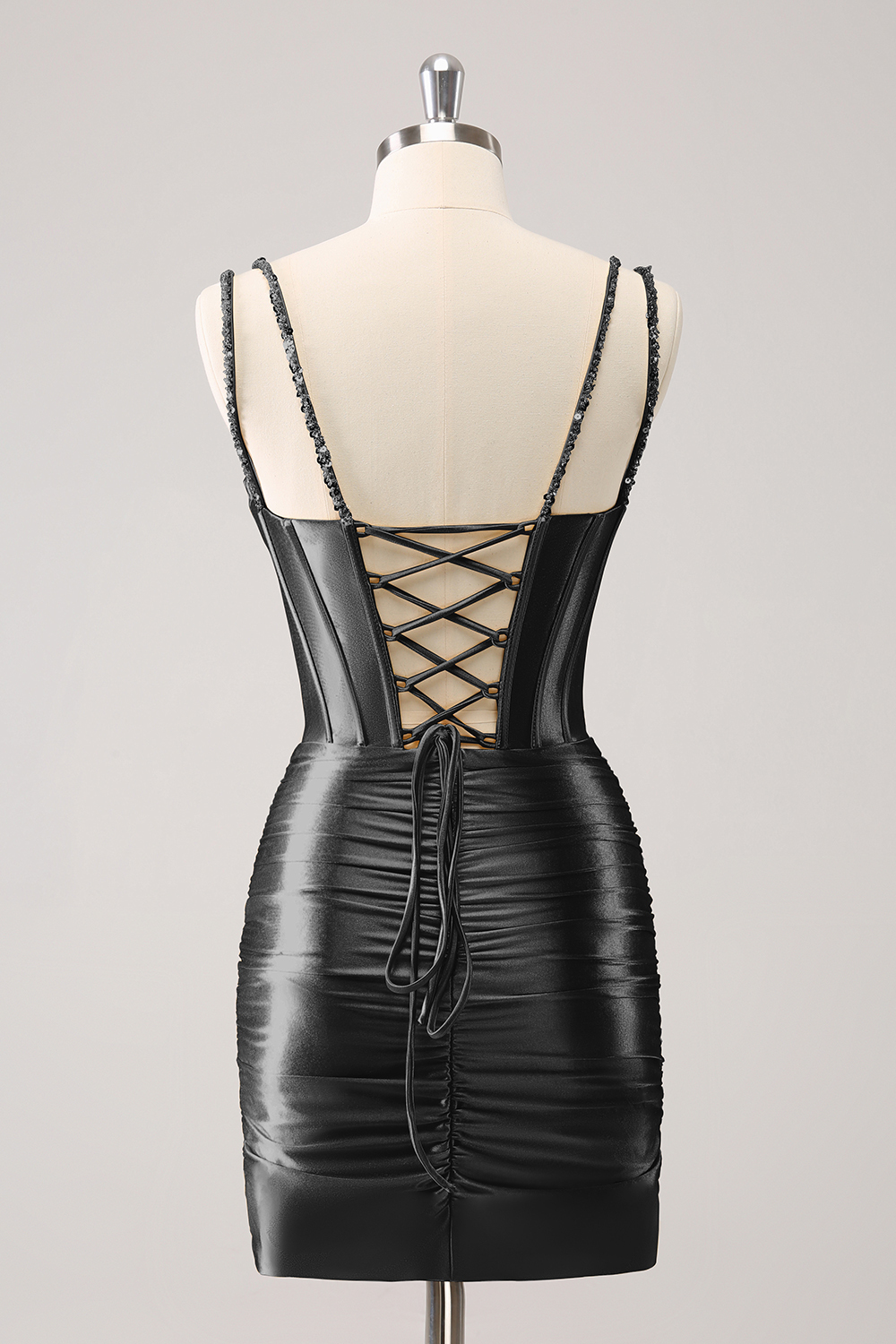 Sparkly Black Spaghetti Straps Tight Corset Homecoming Dress with Sequins