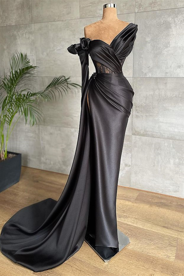 Black One-Shoulder Satin Long Sleeves Beaded Mermaid Evening Dress with High Split