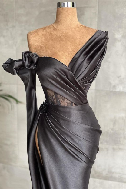 Black One-Shoulder Satin Long Sleeves Beaded Mermaid Evening Dress with High Split