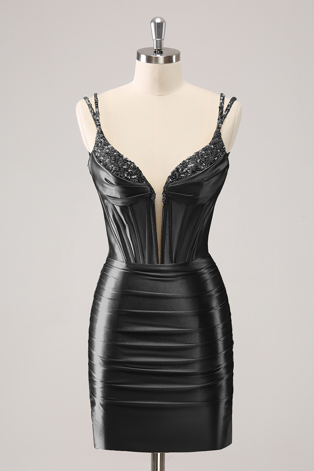 Sparkly Black Spaghetti Straps Tight Corset Homecoming Dress with Sequins