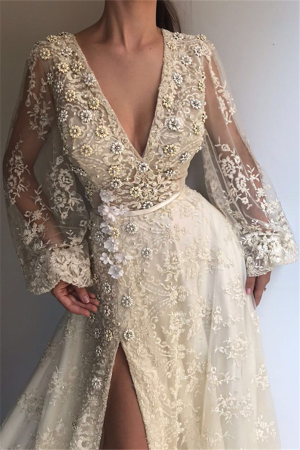 Chic V-Neck Side Slit Long Sleeve Evening Dresses | Lace Applique A-line Prom Dress UK-27Dress.co.uk