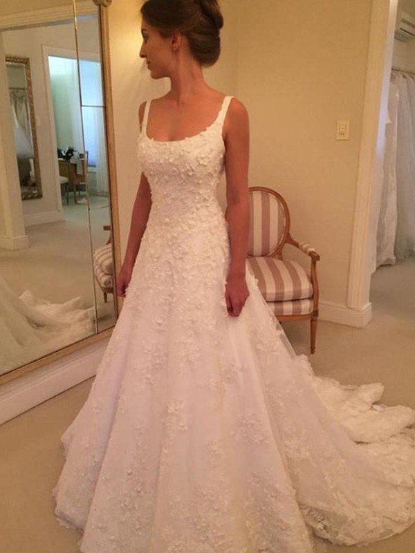 Court Train A-Line Straps Square Lace Applique Sleeveless Wedding Dresses UK-27Dress.co.uk