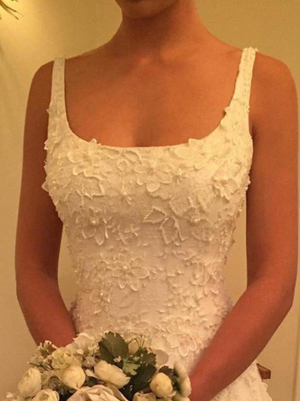 Court Train A-Line Straps Square Lace Applique Sleeveless Wedding Dresses UK-27Dress.co.uk