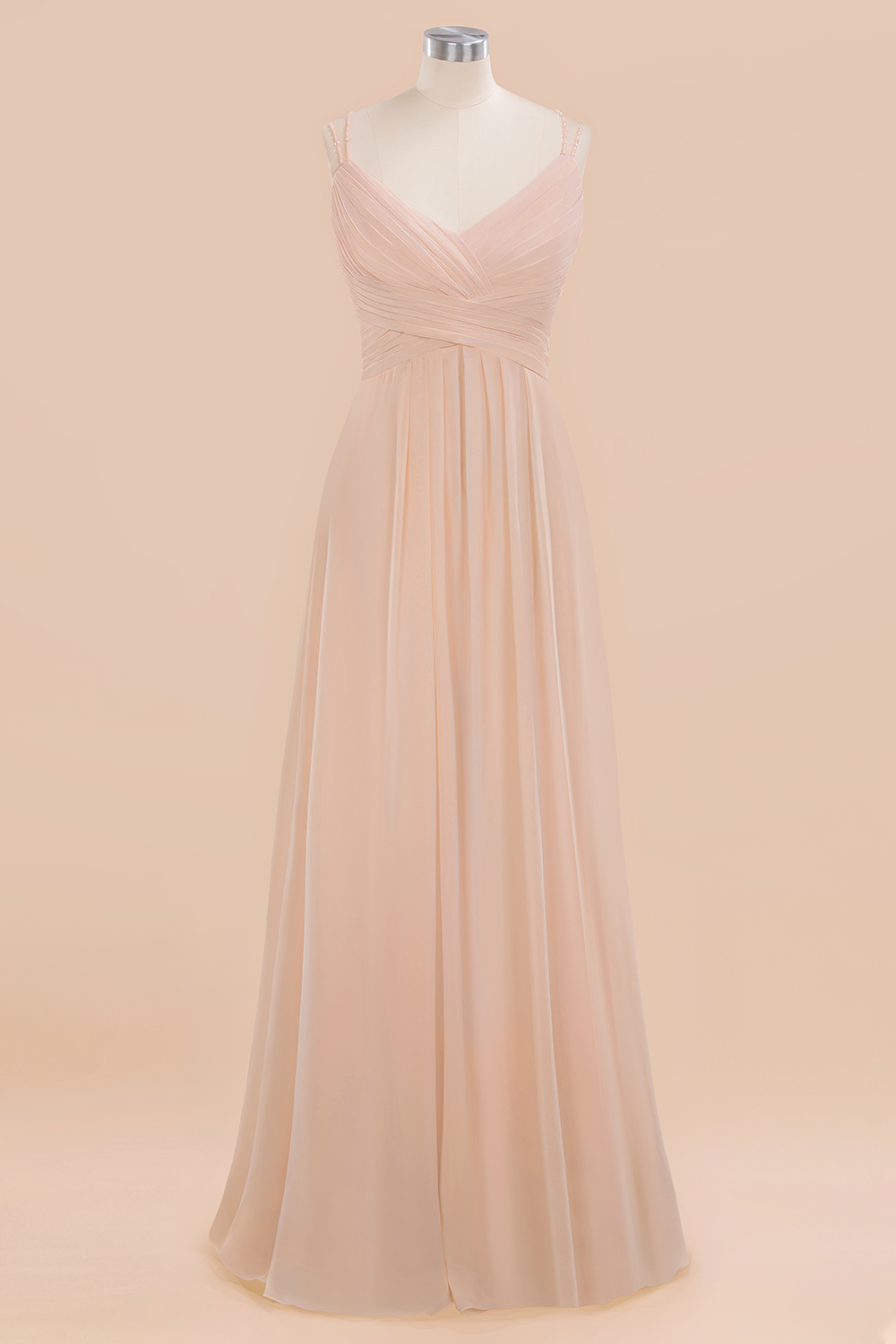 Spaghetti Straps Champagne V-Neck Chiffon Bridesmaid Dress Sleeveless Wedding Guest Dress