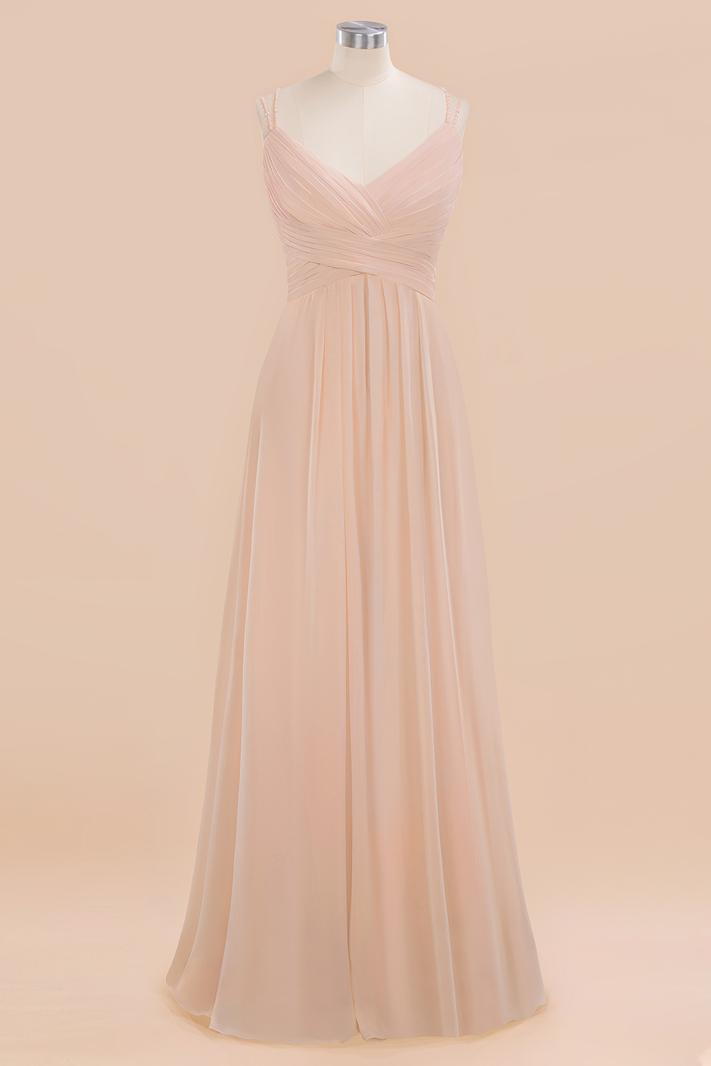Spaghetti Straps Champagne V-Neck Chiffon Bridesmaid Dress Sleeveless Wedding Guest Dress
