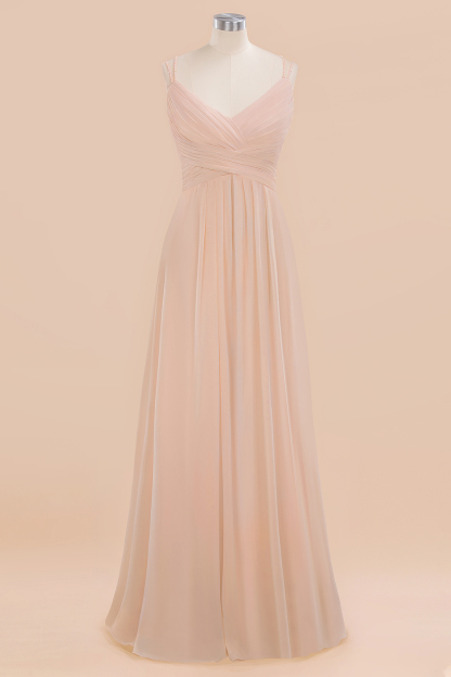 Spaghetti Straps Champagne V-Neck Chiffon Bridesmaid Dress Sleeveless Wedding Guest Dress