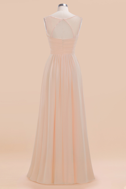 Spaghetti Straps Champagne V-Neck Chiffon Bridesmaid Dress Sleeveless Wedding Guest Dress