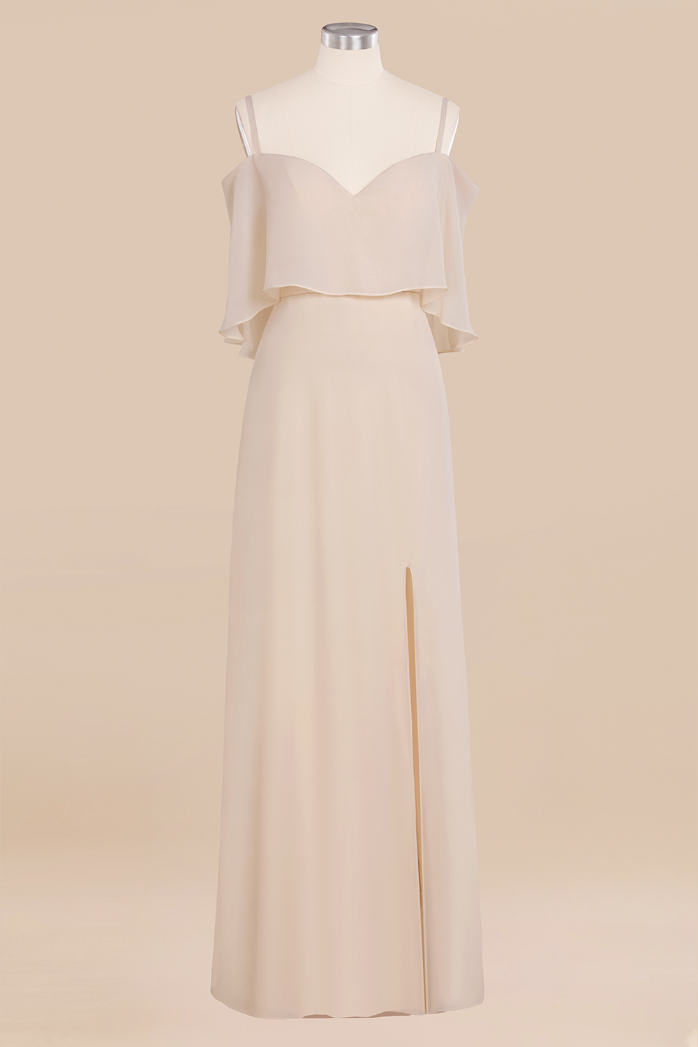 Elegant Champagne Off the Shoulder Chiffon Bridesmaid Dress Side Slit Wedding Guest Dress