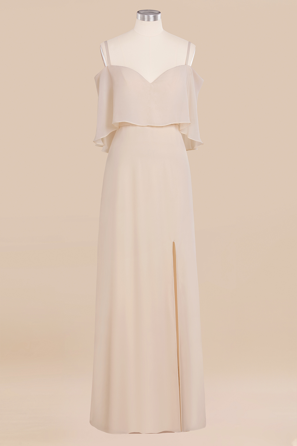 Elegant Champagne Off the Shoulder Chiffon Bridesmaid Dress Side Slit Wedding Guest Dress