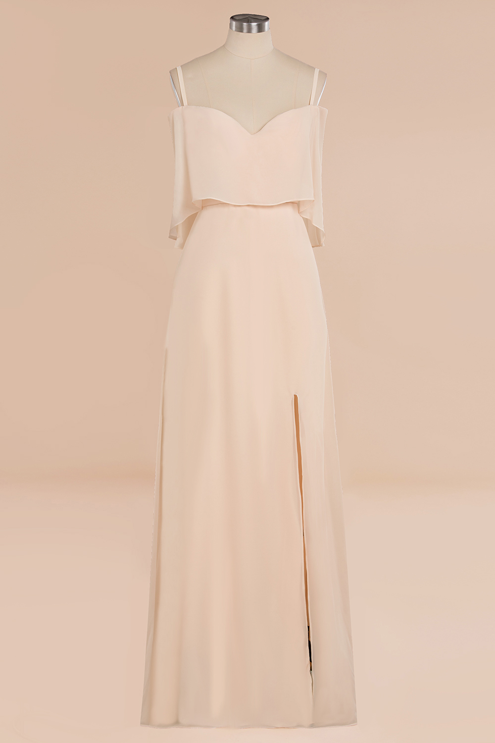 Elegant Champagne Off the Shoulder Chiffon Bridesmaid Dress Side Slit Wedding Guest Dress