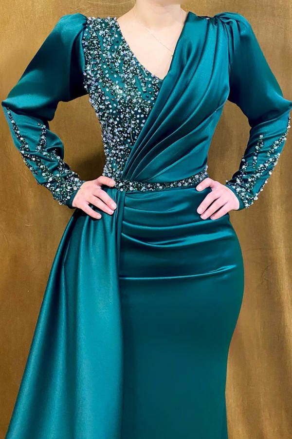 Dark Green Long Sleeves Ruched Satin Mermaid Evening Dress Beadings V-Neck Formal Dress-27Dress.co.uk