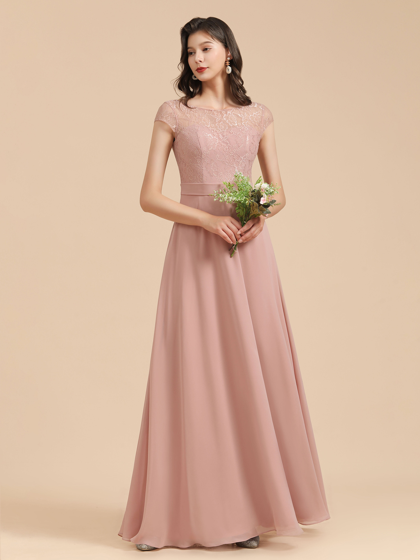 Dusty Pink A-Line Applique Chiffon Bridesmaid Dress