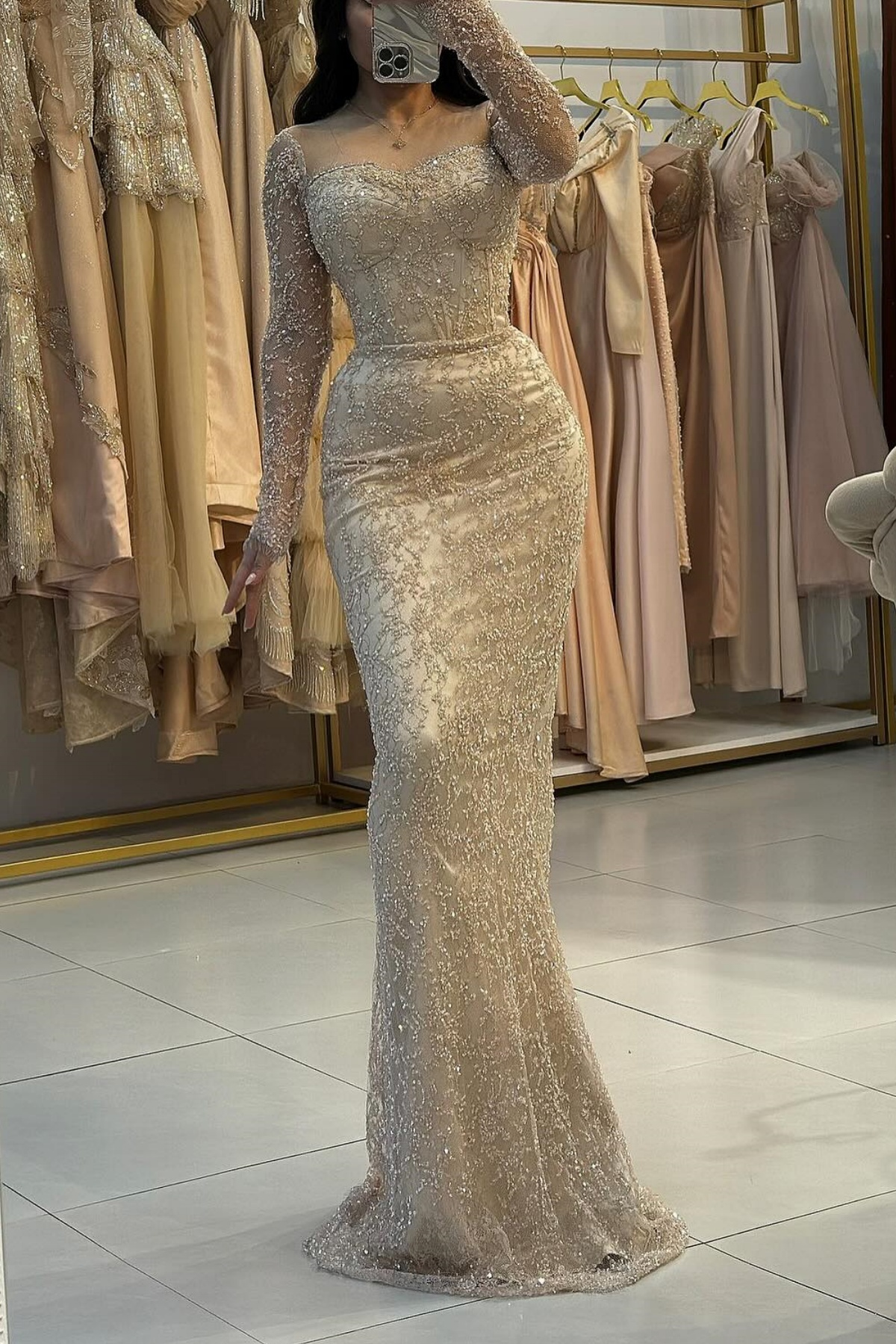 Champagne Long Sleeves Prom Beaded Mermaid Evening Dress with Detachable Train