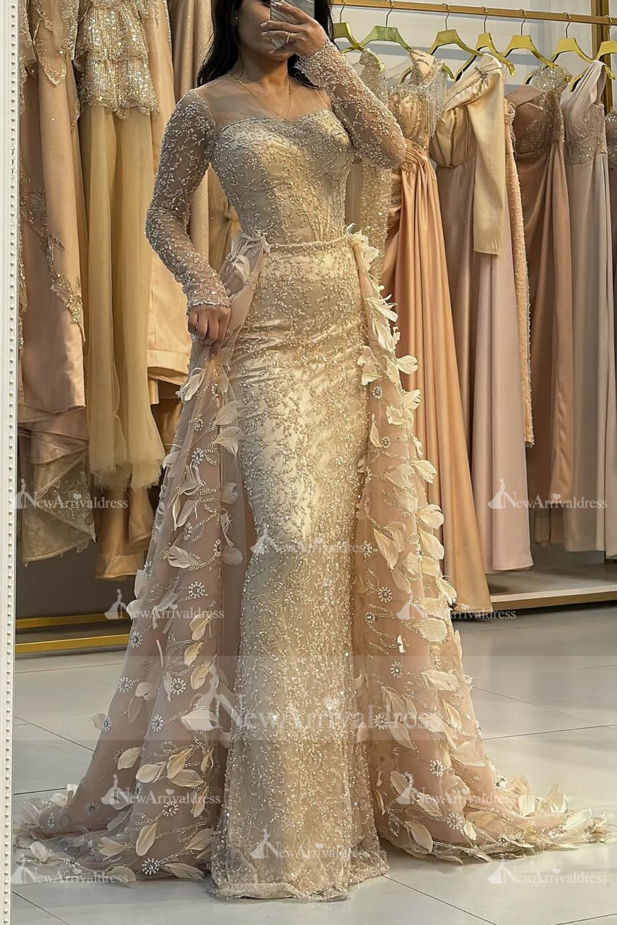 Champagne Long Sleeves Prom Beaded Mermaid Evening Dress with Detachable Train