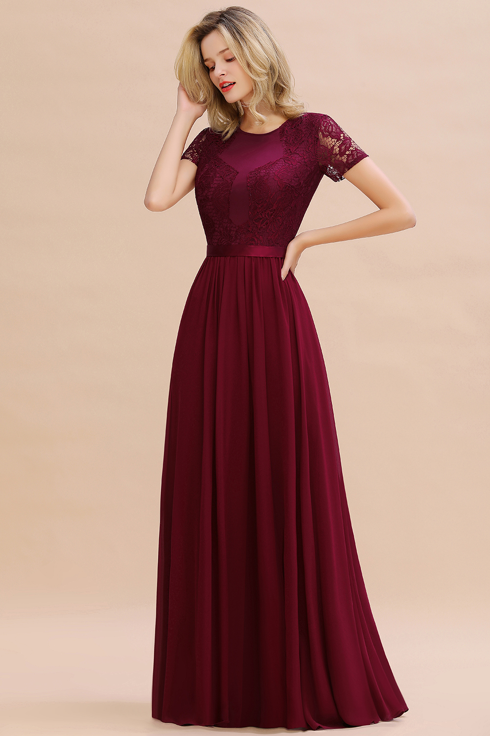 Elegant Chiffon Lace Jewel Short-Sleeves A-Line Bridesmaid Dress Long-27Dress.co.uk