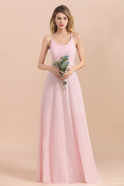 Elegant Halter Pink Chiffon Long Bridesmaid Dress Simple Formal Dress-27Dress.co.uk