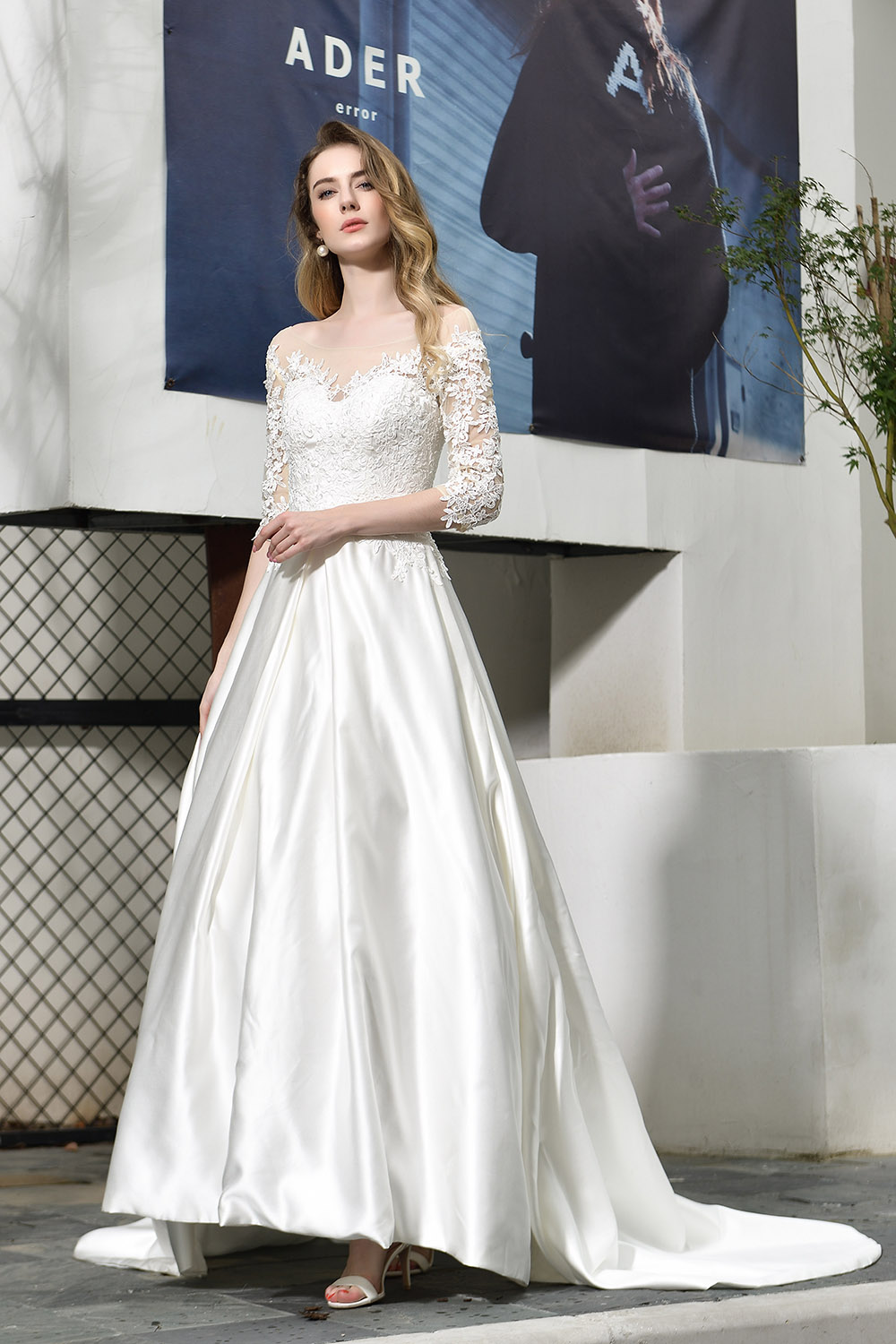 Elegant Long Sleeves Satin Wedding Dress with Sweep Train-27Dress.co.uk