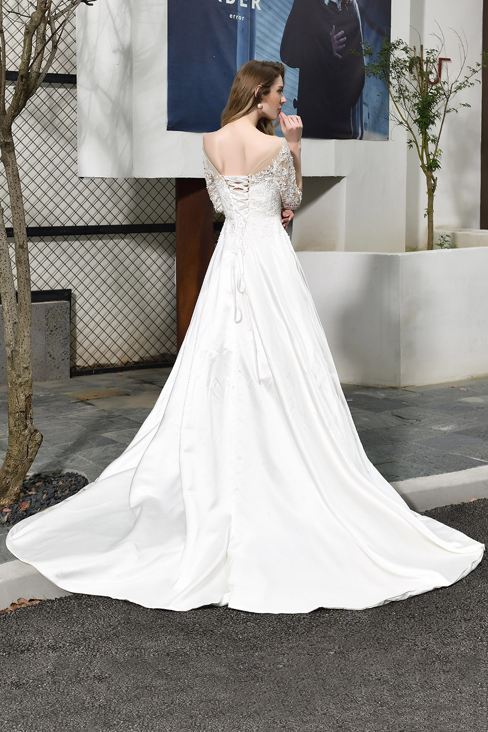 Elegant Long Sleeves Satin Wedding Dress with Sweep Train-27Dress.co.uk