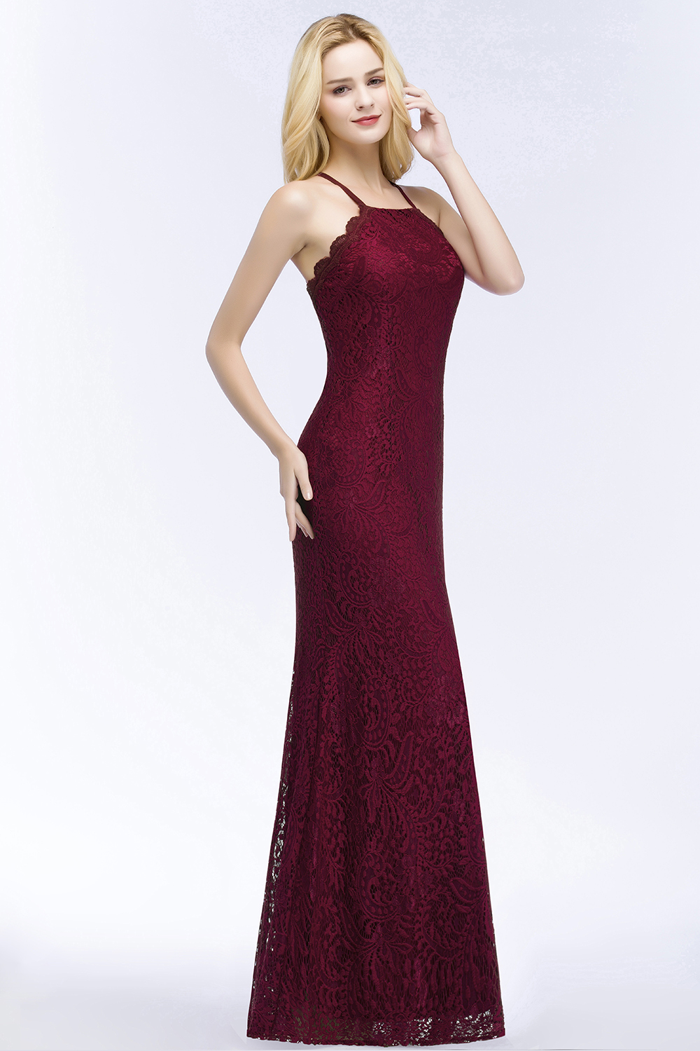 Elegant Mermaid Floor Length Halter Lace Burgundy Bridesmaid Dress UK-27Dress.co.uk