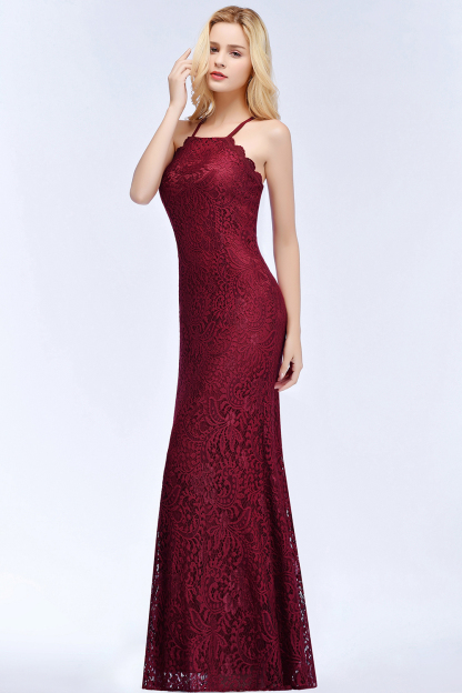 Elegant Mermaid Floor Length Halter Lace Burgundy Bridesmaid Dress UK-27Dress.co.uk
