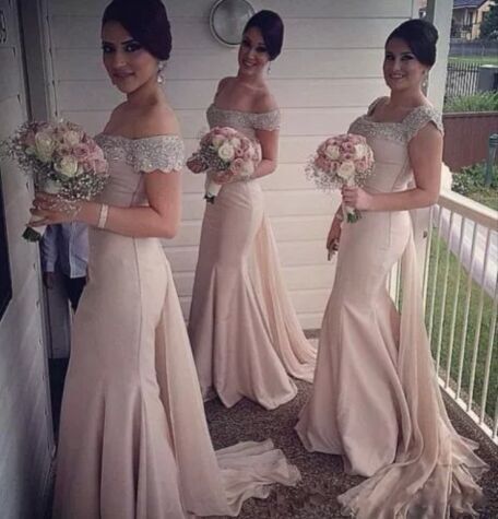 Elegant Off-the-shoulder Mermaid Bridesmaid Dress UK Beadings Sweep Train