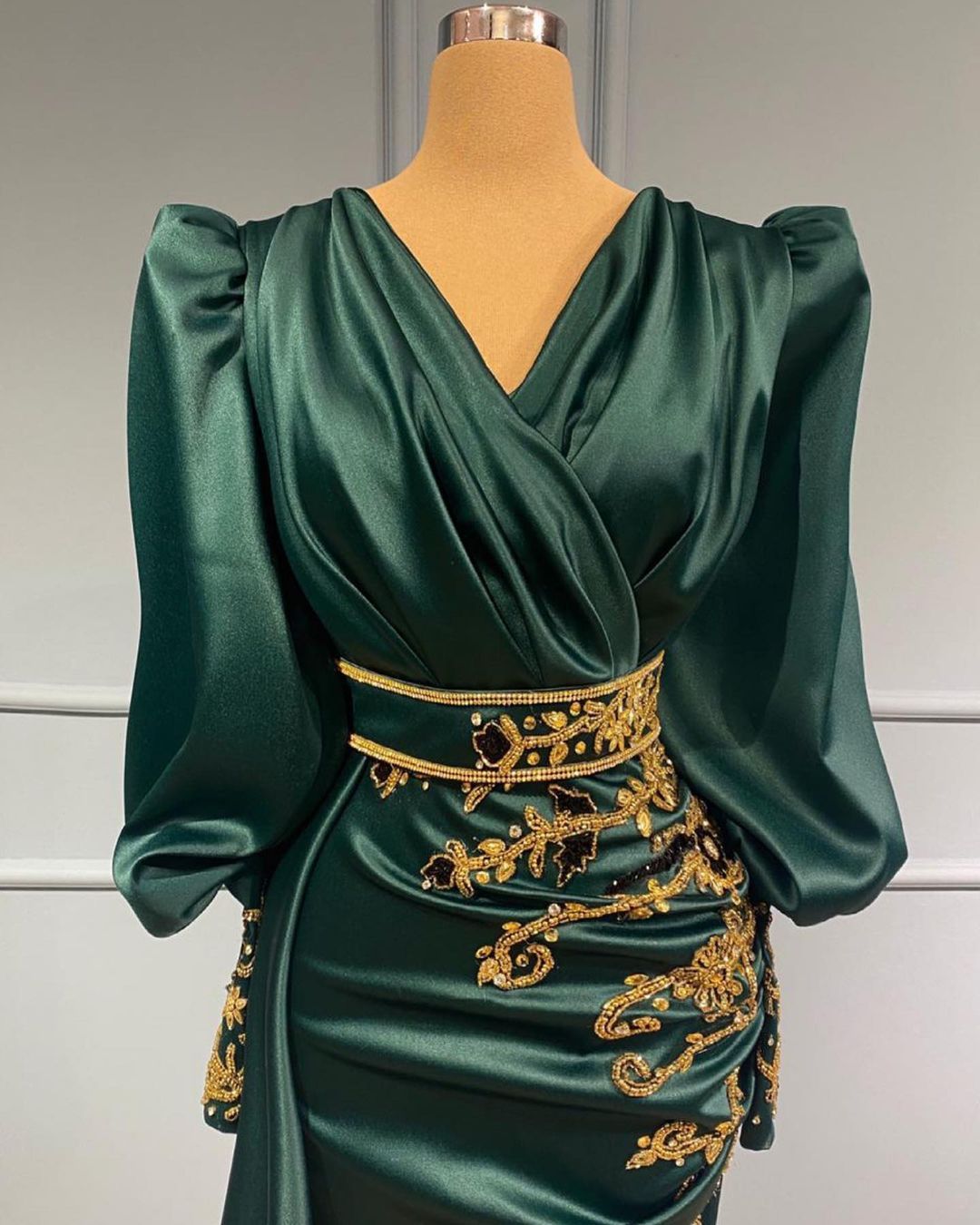 Elegant Puffy Long Sleeves Satin Mermaid Evening Formal Dress with Gold Rhinestone Embellishments-27Dress.co.uk