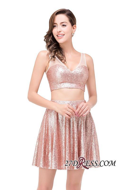 Elegant Sequined Lace-Up Two-Pieces Mini Homecoming Dress UK-27Dress.co.uk