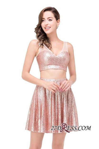 Elegant Sequined Lace-Up Two-Pieces Mini Homecoming Dress UK-27Dress.co.uk