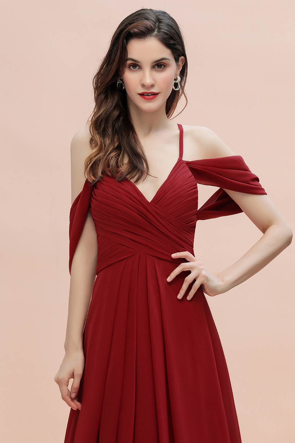 Elegant V-Neck Ruched Chiffon Bridesmaid Dress Straps Cross Back Wedding Guest Dress-27Dress.co.uk