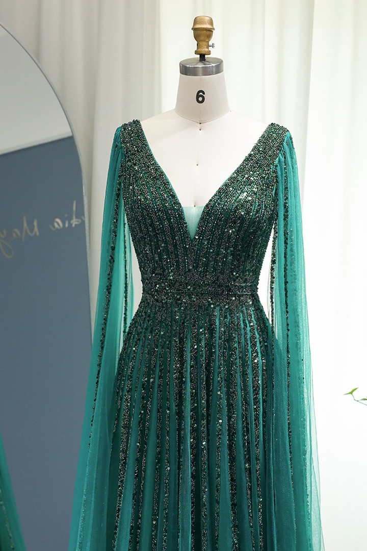 V-Neck Sequins Beaded Tulle Floor-Length A-Line Evening Dress with Cape