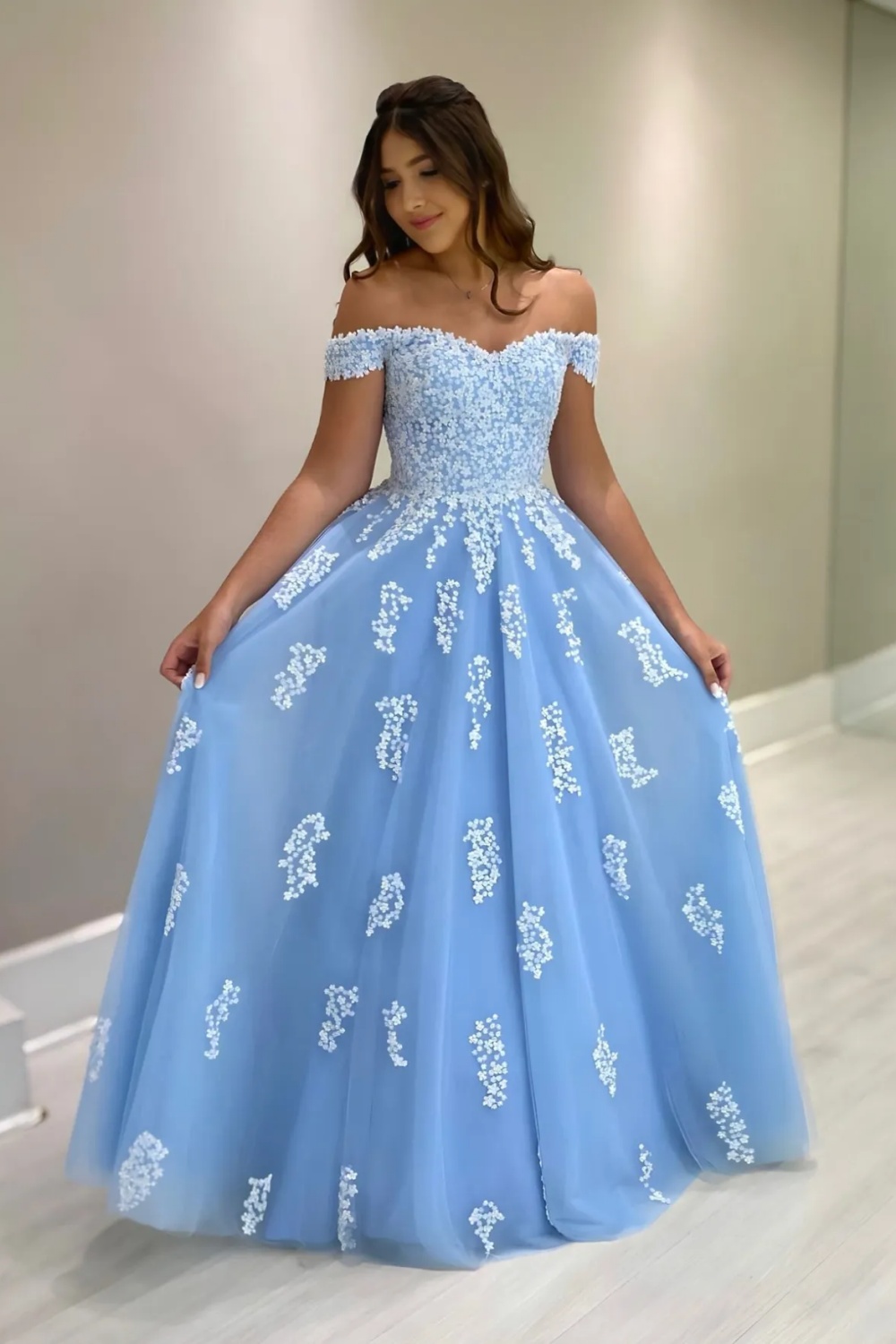 Off-the-Shoulder Blue Tulle Lace Mother of the Bride Dress ALine Evening Dress