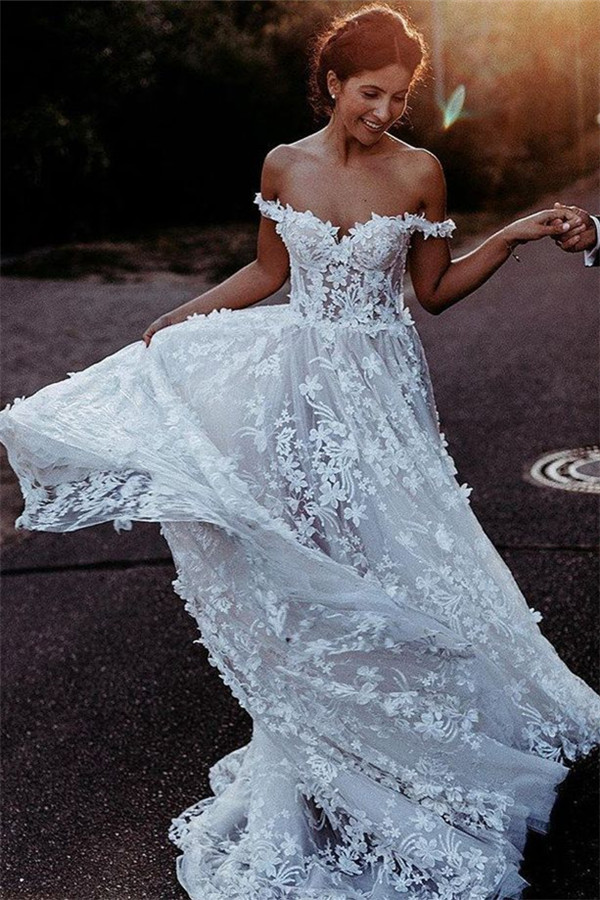 Flowers Off-the-Shoulder Wedding Dresses UK | Appliques Sheer Sleeveless Floral Bridal Gowns-27Dress.co.uk