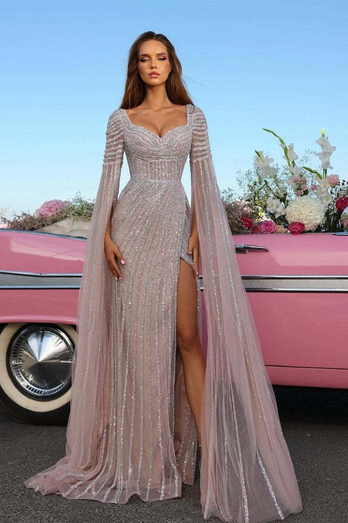 Glitter Sheath Sequins Long Sleeves Formal Evening Dresses