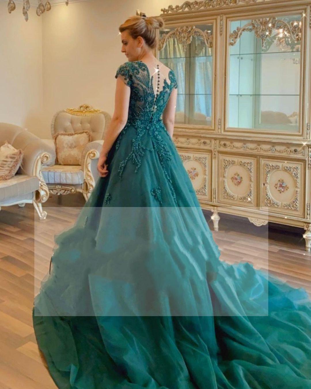 Gorgeous Short Sleeves Scoop Neck Tulle Evening Formal Dress with Detachable Train-27Dress.co.uk