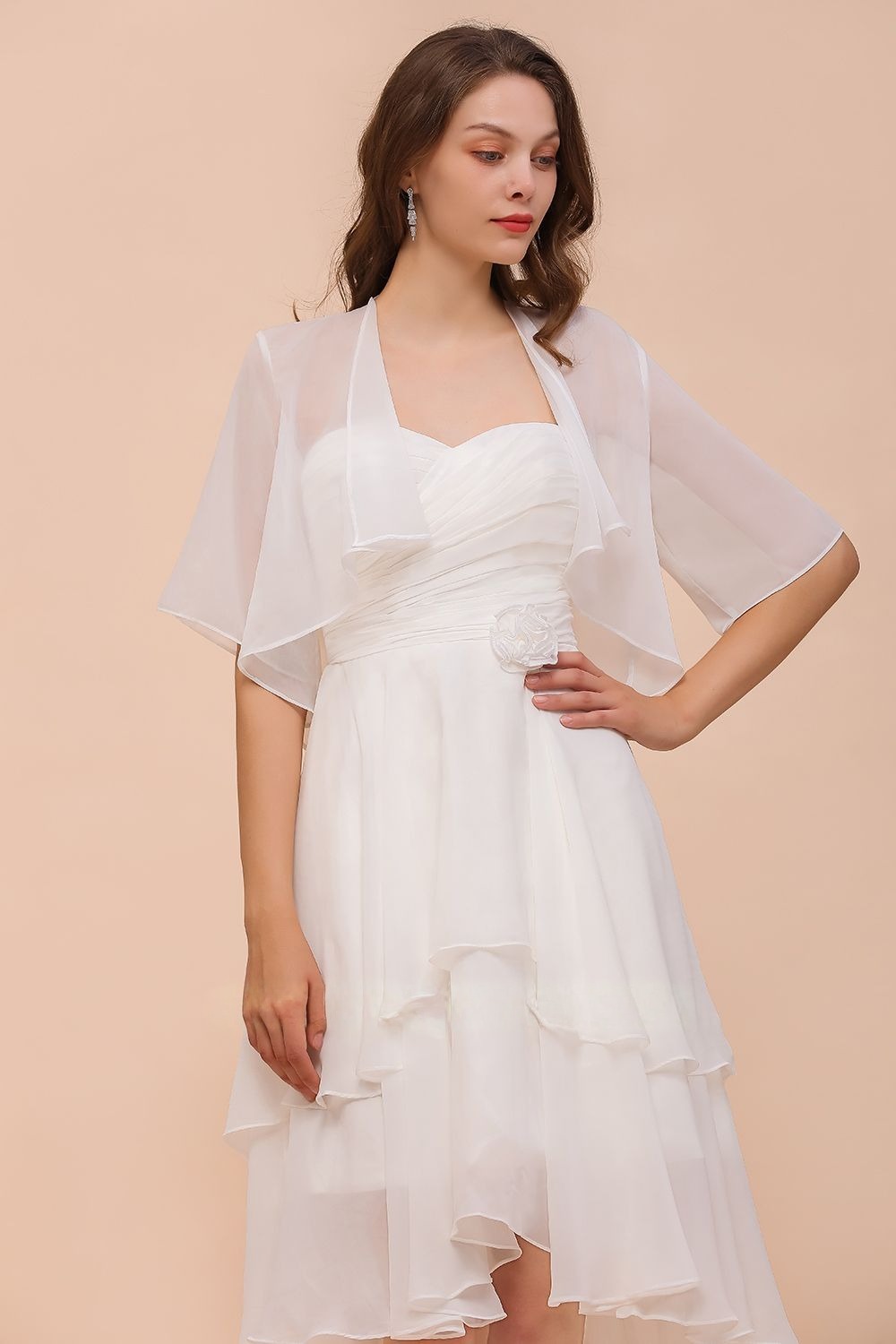  Half Sleeves White Chiffon Short Bridesmaid Dress 