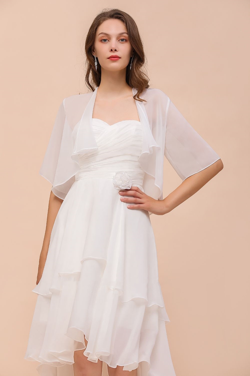  Half Sleeves White Chiffon Short Bridesmaid Dress 