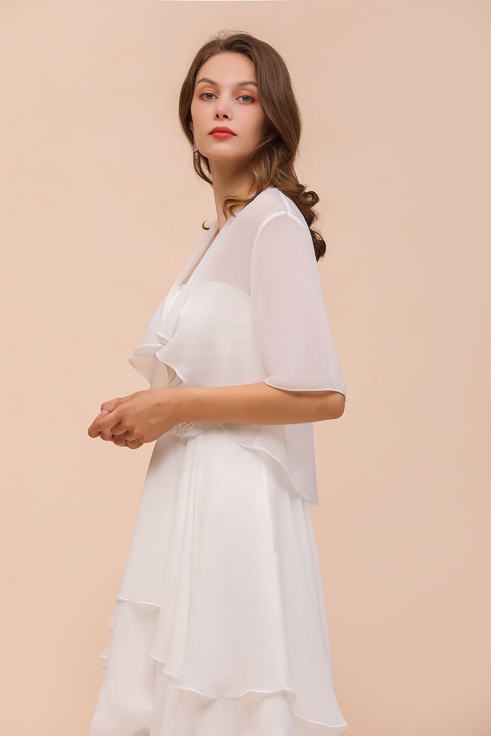  Half Sleeves White Chiffon Short Bridesmaid Dress 