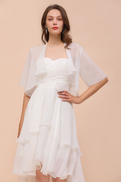  Half Sleeves White Chiffon Short Bridesmaid Dress 