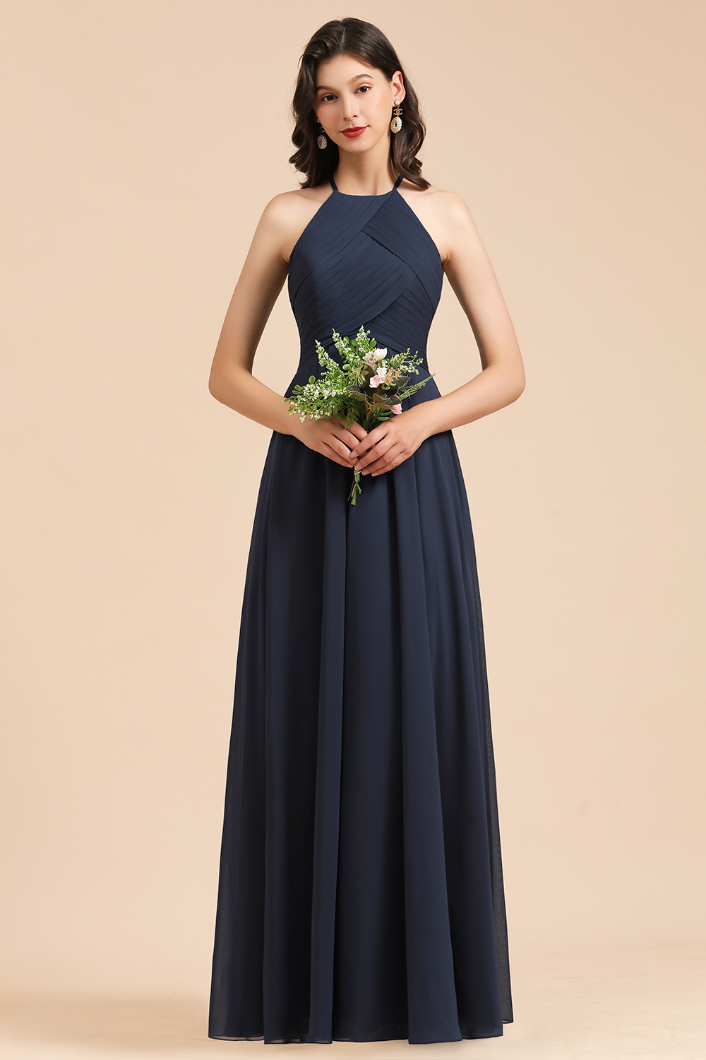 Halter Chiffon Long Bridesmaid Dress Sleeveless Pleated Wedding Guest Dress-27Dress.co.uk