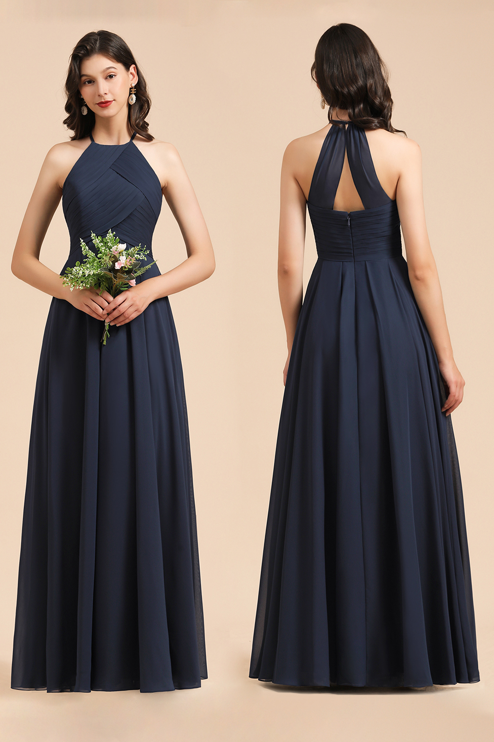 Halter Chiffon Long Bridesmaid Dress Sleeveless Pleated Wedding Guest Dress-27Dress.co.uk